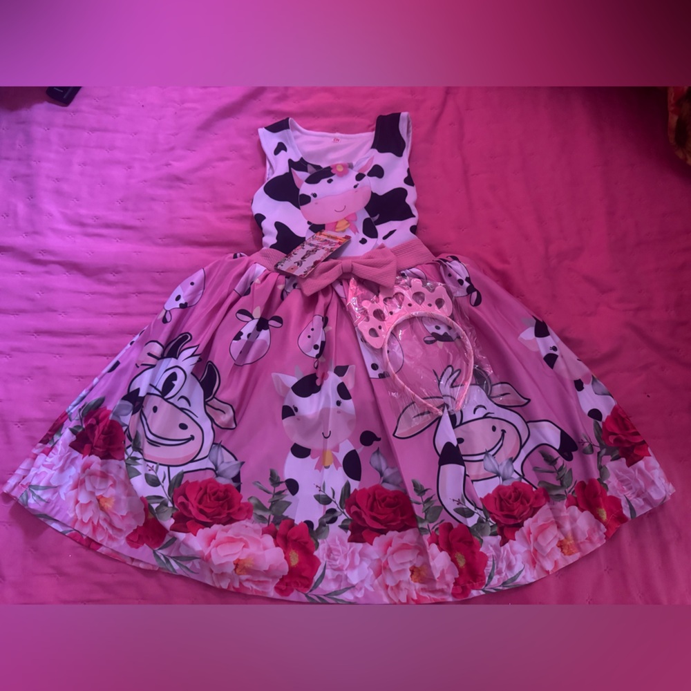 Pink Cow Print Kids Formal Dress